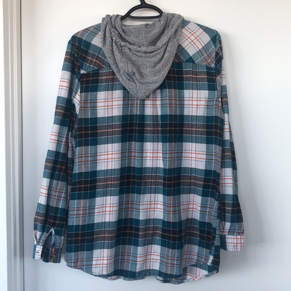 Soft Teal and Orange Plaid with Grey Hood - Picture 2 of 2